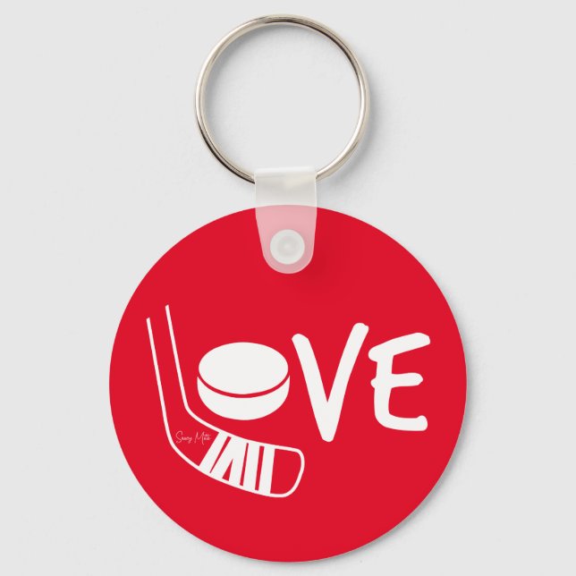 Liebe Hockey Ladys Hockey Stick und Puck Red Schlüsselanhänger (Vorderseite)