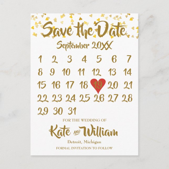 Liebe hört Confetti-Kalender Save the Date Ankündigungspostkarte (Vorderseite)