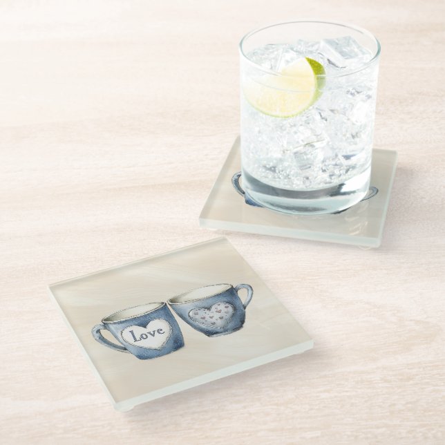 Liebe hört Cups Blue Jean Denim Glasuntersetzer (Schrägansicht)