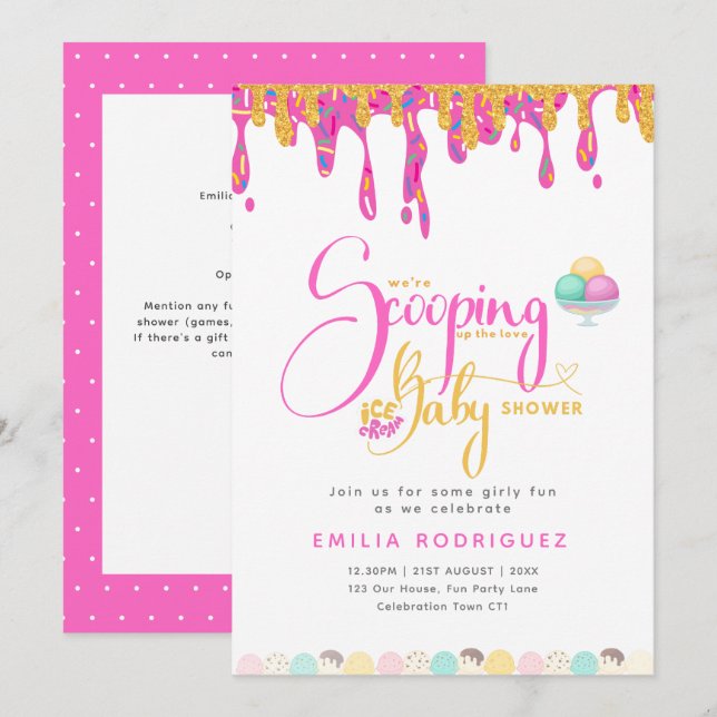 Liebe Ice Creme Baby Girl Shower Einladung (Vorne/Hinten)