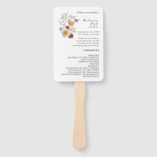 Liebe im blumigen Wildblume Hochzeitsprogramm Hand Fächer (Vorderseite)