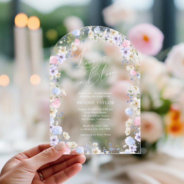 Liebe im blutblütenrosa Lila Brautparty Acryleinladungen (Love In Bloom Floral Pink Purple Bridal Shower Acrylic Invitations)