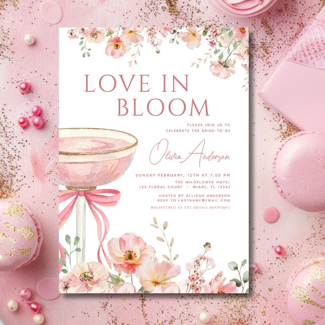 Liebe im Brautparty Bloom Champagne Pink Bow Einladung (Von Creator hochgeladen)