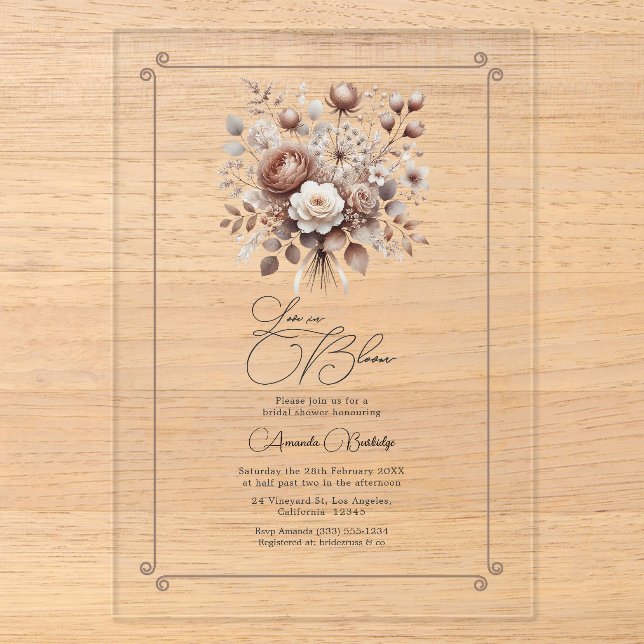 Liebe im Brautparty Bloom Mocha Mousse Acryleinladungen (Vorderseite)