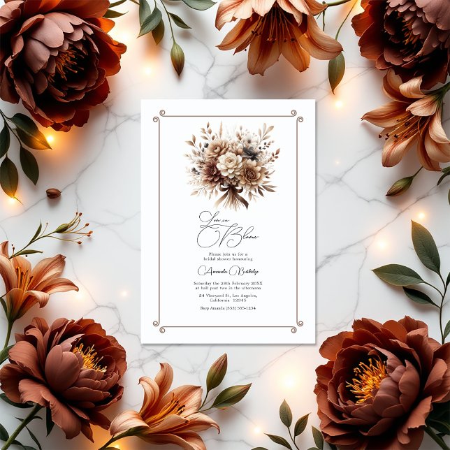 Liebe im Brautparty Bloom Mocha Mousse Einladung (Love in Bloom Mocha Mousse Floral Bridal Shower Invitation)