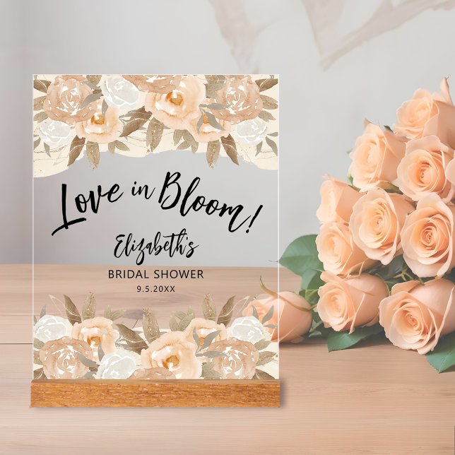 Liebe im Brautparty "Bloom Peach Blume" Acrylschild (Love in Bloom bridal shower clear acrylic sign accented with rustic peach flowers and leaves)