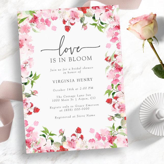 Liebe im Brautparty Einladung (Love Is In Bloom Bridal Shower Invitation - Red and Pink Watercolor Floral)