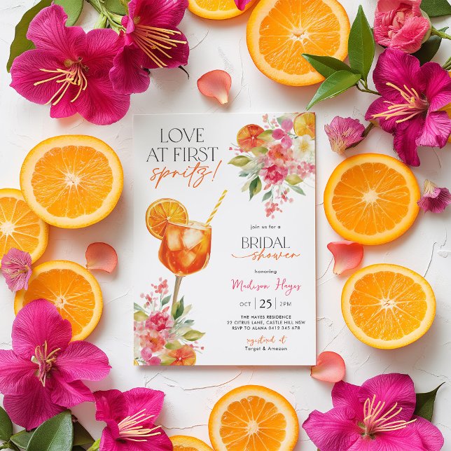 Liebe im ersten Spritz Brautparty Citrus Aperol Einladung (Love at first Spritz! Floral Citrus Bridal Shower Invitation)