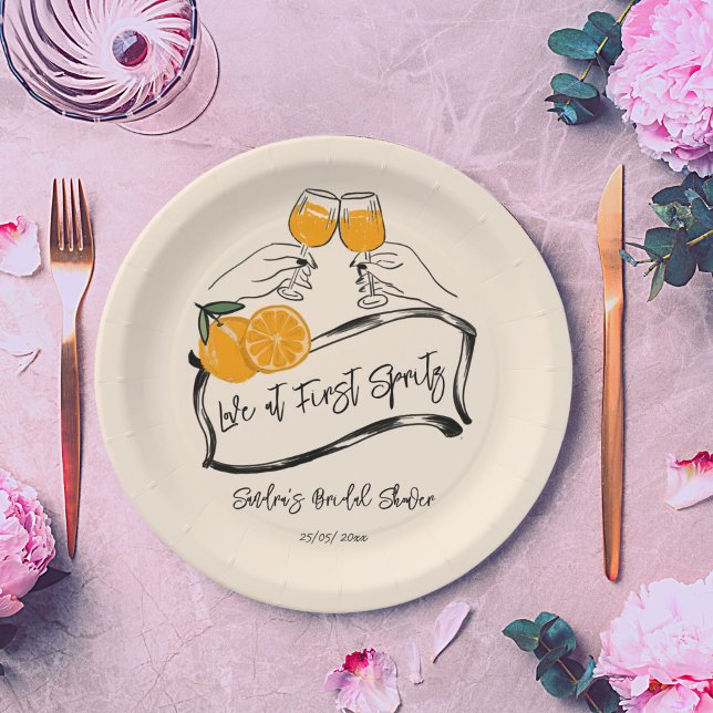 Liebe im ersten Spritz Retro-Orange-Brautparty Pappteller (Love at first spritz retro orange bridal shower template paper plates personalized tableware decor)