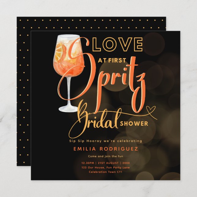 Liebe im First SPRITZ Modernes Orange Brautparty Einladung (Vorne/Hinten)