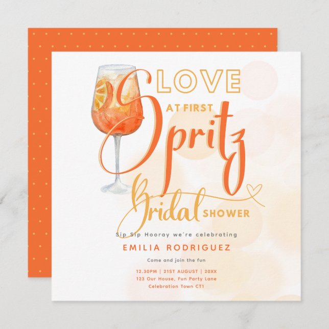 Liebe im First SPRITZ Modernes Orange Brautparty Einladung (Vorne/Hinten)