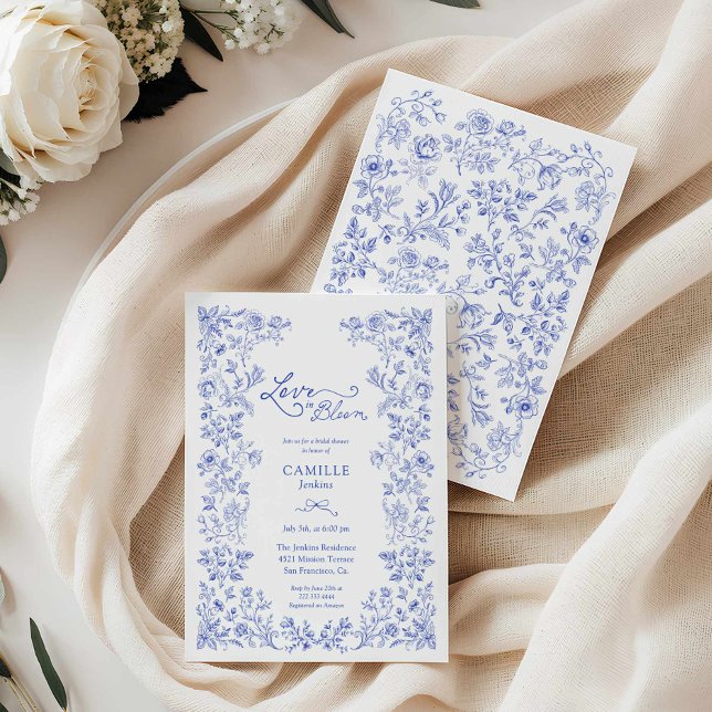 Liebe in Blauer Blauer Brautdusche Einladung (Blue Floral Love in Bloom Bridal Shower Invitation)