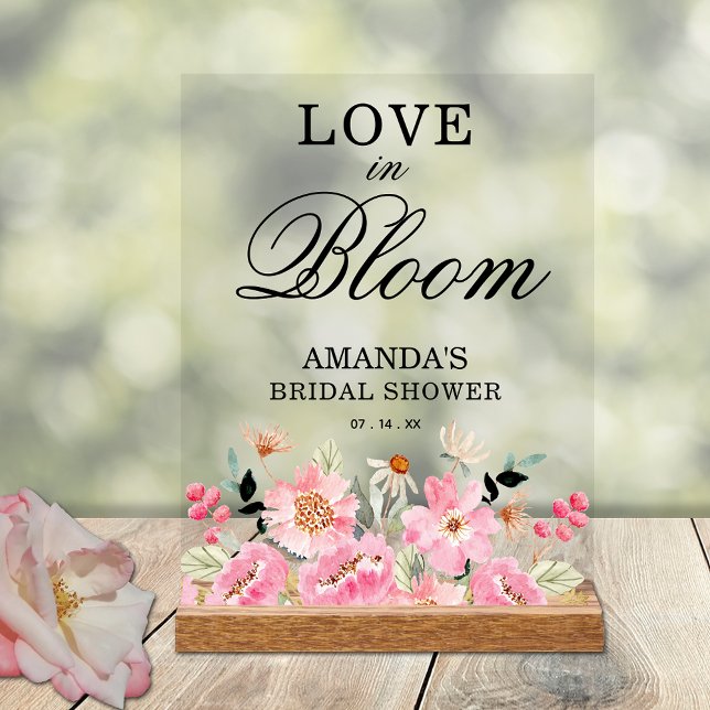 Liebe in Bloom Wildblume Brautparty Willkommen Acrylschild (Love in Bloom on pink garden floral bridal shower welcome acrylic tabletop sign)