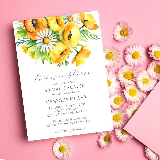 Liebe in Blüte Frühjahr Sommer Blume Brautparty Einladung (Love in bloom spring summer flower bridal shower template invitation digital download yellow daisies)