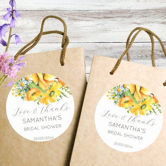 Liebe in Blüte Frühjahr Sommersommer Brautparty Gu Runder Aufkleber (Love in bloom spring summer bridal shower thank you favor sticker yellow daisy favor stickers)
