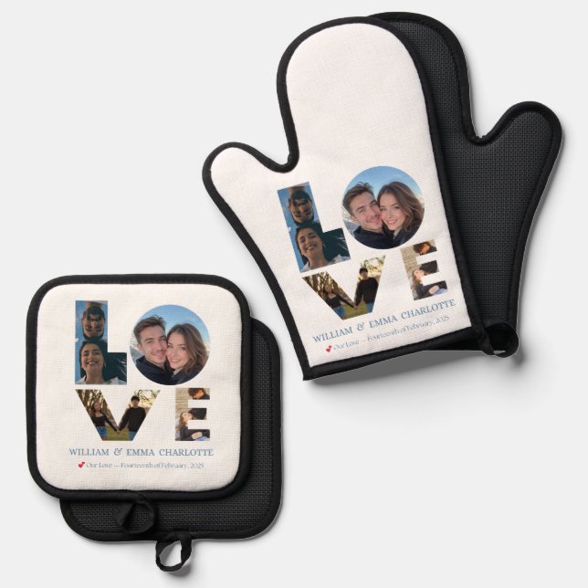 Liebe in der Küche – Romantische Schürze für Paare Ofenhandschuh & Topflappen-Set (Vorderseite/Rückseite)