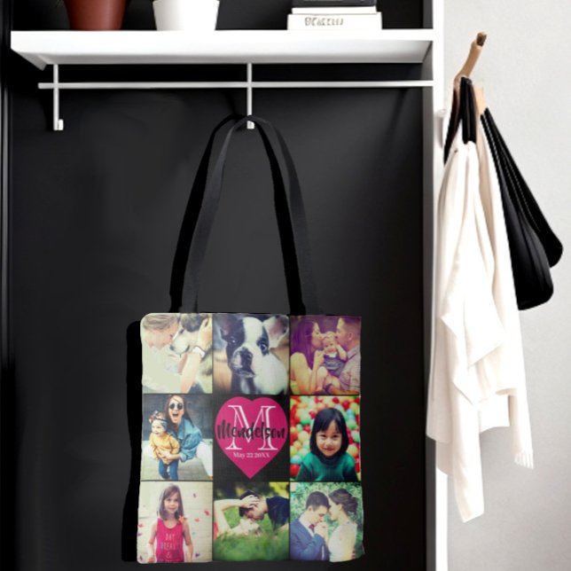 Liebe in Foto Collage Einzigartiges Carry (Personalized photo and name initial heart monogram tote bag)