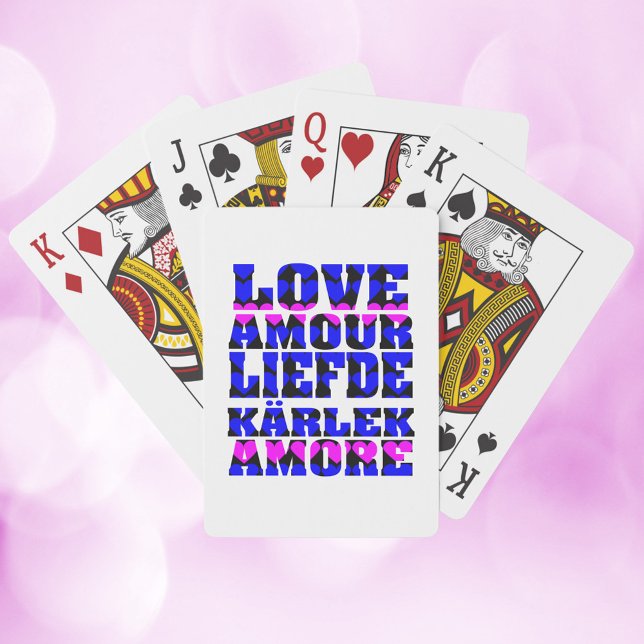 Liebe in Fremdsprachen Herz Blue Pink Spielkarten (A deck of playing cards that says love in a variety of languages on the back with pink & blue hearts)