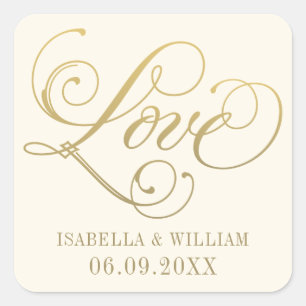 Liebe in Gold-Script-ElfenbeinWedding Monogram Quadratischer Aufkleber