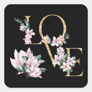 Liebe in Goldbrief mit magnolischen Blume Quadratischer Aufkleber