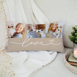 Liebe in Heart Script Beige Custom 3 Foto Collage Lendenkissen