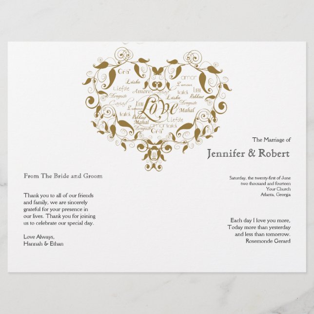 Liebe in jeder Sprache in Gold-Hochzeitsprogramm (Vorderseite)