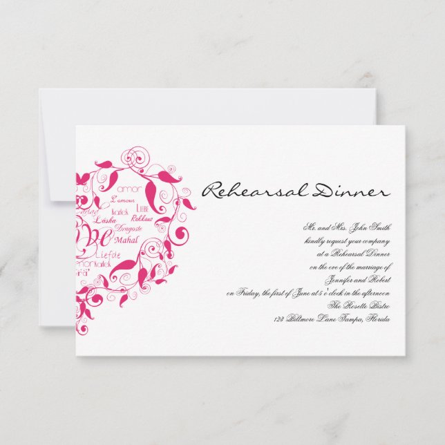 Liebe in jeder Sprache in Hot Pink Hochzeitsstimmu Einladung (Vorderseite)