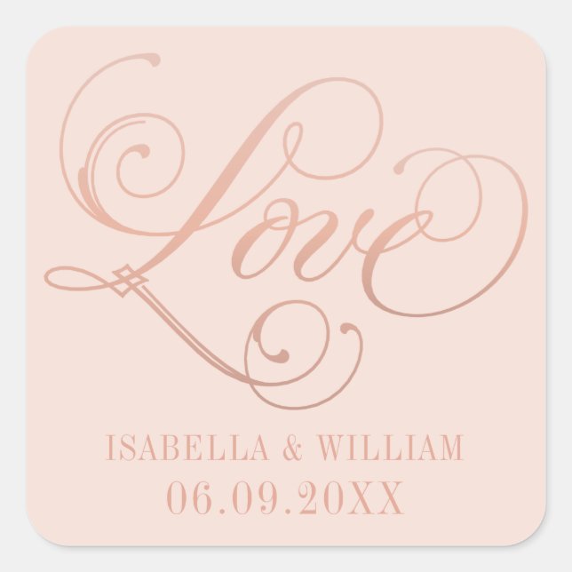 Liebe in Rose Gold Script Blush Wedding Monogram Quadratischer Aufkleber (Vorderseite)