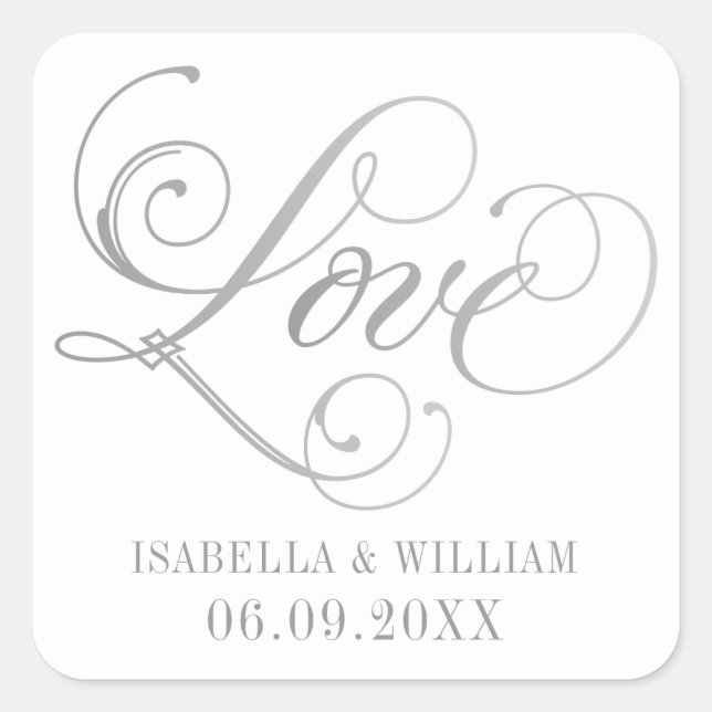 Liebe in Silver Elegant Script Wedding Monogram Quadratischer Aufkleber (Vorderseite)