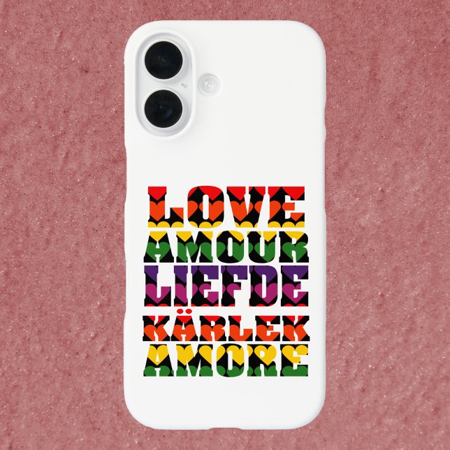 Liebe in verschiedenen Sprachen Dunkler Regenbogen Case-Mate iPhone Hülle (A phone case that says love in different languages with rainbow hearts.)