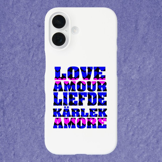 Liebe in verschiedenen Sprachen Herz Rosa und Blau Case-Mate iPhone Hülle (A phone case that says love in a variety of languages with pink and blue hearts)