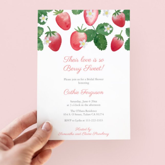 Liebe ist Berry Sweet Strawberry Brautparty Einladung (Berry Sweet Love Strawberry-themed bridal shower party invitation with watercolor strawberries)