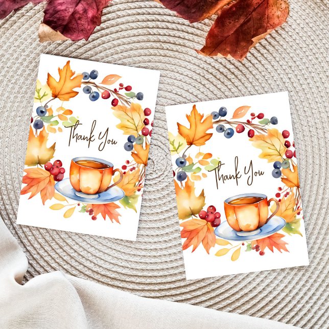 Liebe ist Bierbrauen Brautparty-Vorlage Dankeskarte (Love is brewing fall themed bridal shower thank you card template pumpkin cup autumn leaves wreath)