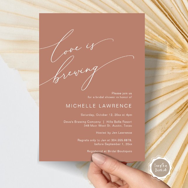 Liebe ist Brauen, Brautparty Party Feier Einladung (Love is Brewing, Bridal Shower Party Celebration Invitation Card, PDF, Terracotta Earthy Brown)