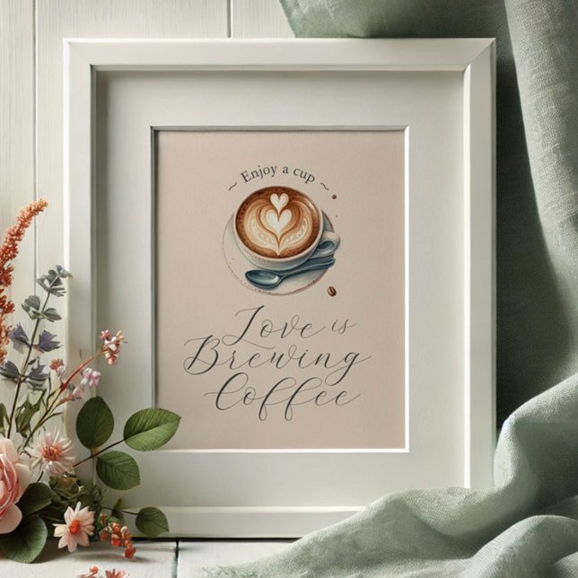 Liebe ist Brautparty Brechen Kaffee Bar Poster (Coffee bar sign love is brewing theme. Latte with heart shaped foam illustrated. )