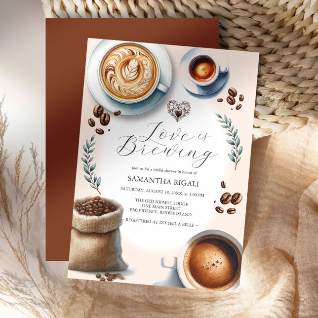 Liebe ist Brautparty-Kaffee brauen Einladung (Love is brewing bridal shower invitations feature illustrated coffee, latte, espresso and beans)