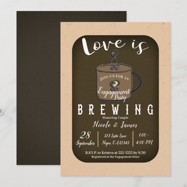 LIEBE IST BREWING Coffee Café Engagement Party Einladung (Vorne/Hinten)