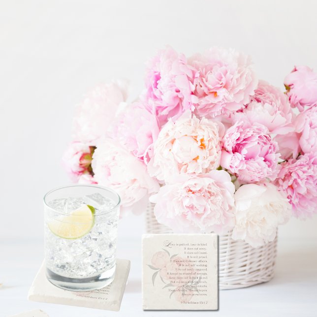 Liebe ist geduldig - Schrift Sandstone Untersetzer (Love is patient. Wedding peony party favor)