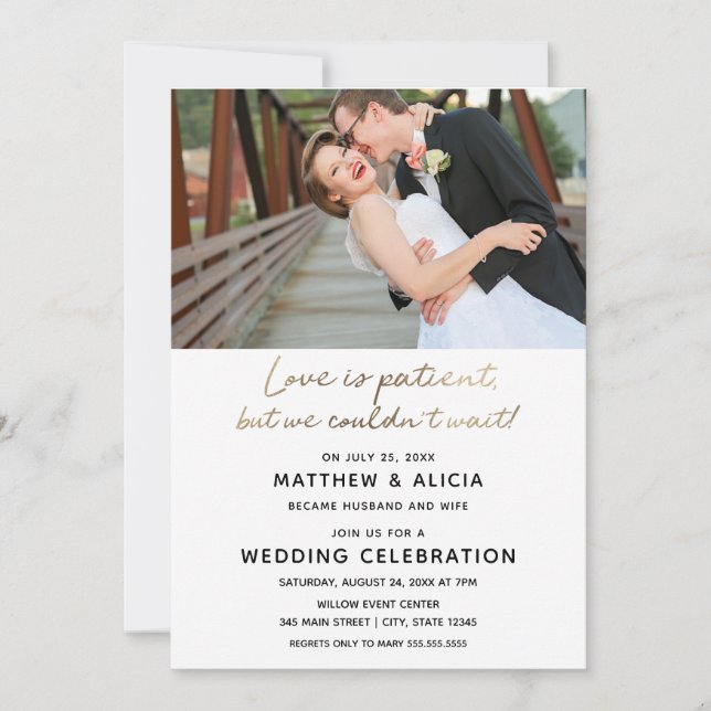 Liebe ist geduldiger Hochzeitsankündigung Empfang Einladung (Vorderseite)