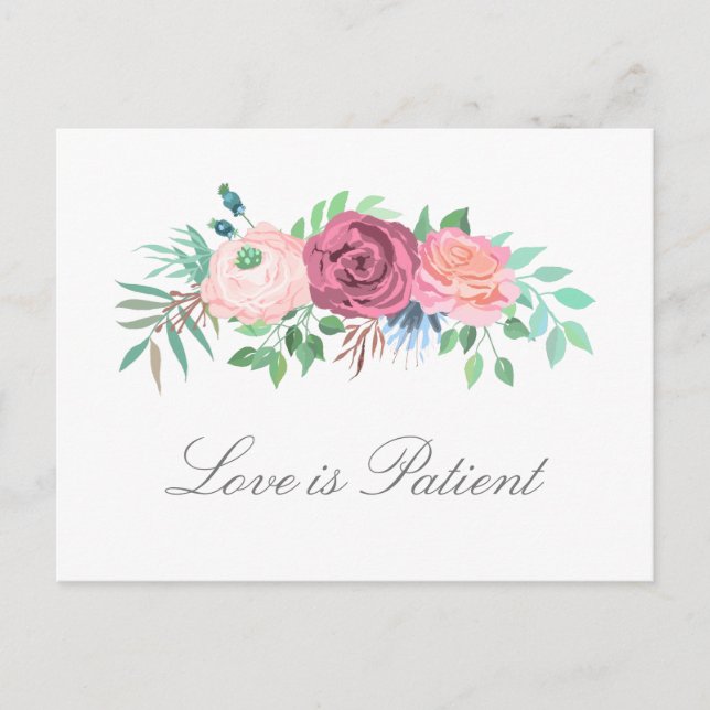 Liebe ist geduldiges Pastel florale Hochzeit Nachp Ankündigungspostkarte (Vorderseite)