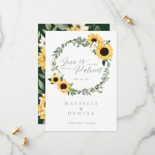 Liebe ist Gelbfärbung des Sonnenblumenkranzes des Save The Date