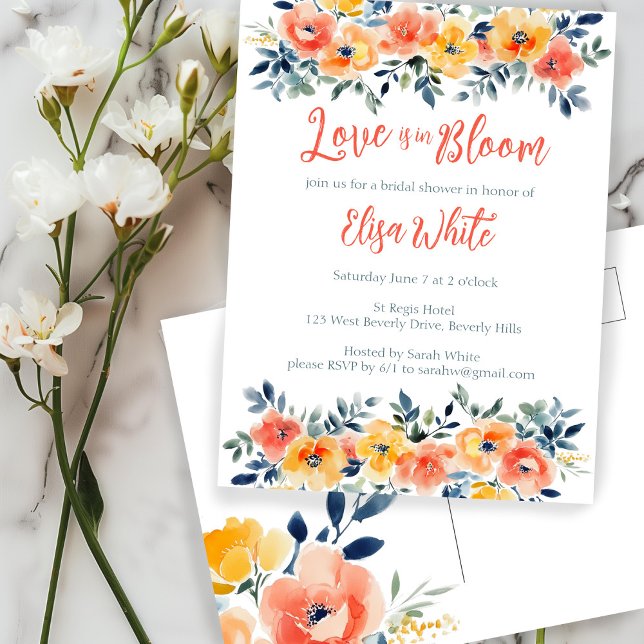 Liebe ist im Blütenfarbenfloralen Brautparty Einladungspostkarte (Love is in Bloom Watercolor Floral Bridal Shower Invitation Postcard
)