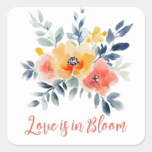 Liebe ist im Blütenfarbenfloralen Brautparty Quadratischer Aufkleber