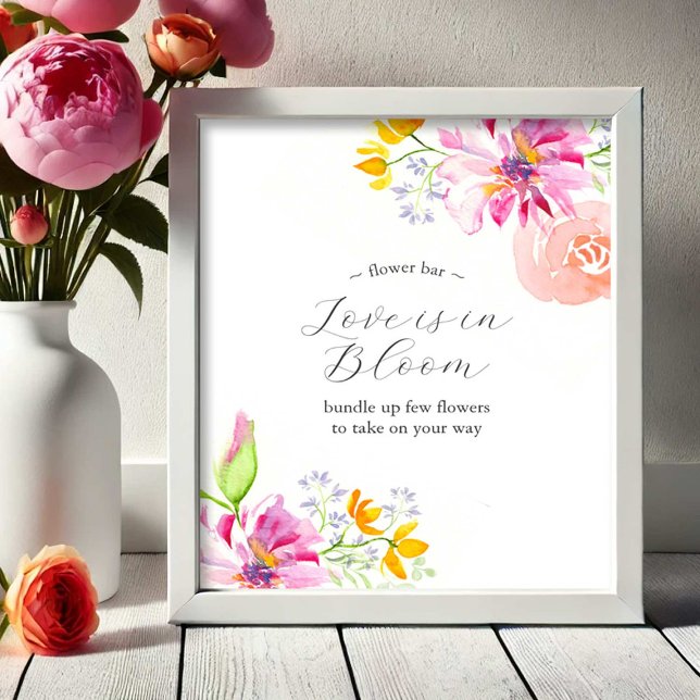Liebe ist in Bloom Blume Bar Poster Vibrannt Pink (Flower bar sign watercolor pink and orange flowers art by Victoria Grigaliunas Do Tell A Belle)