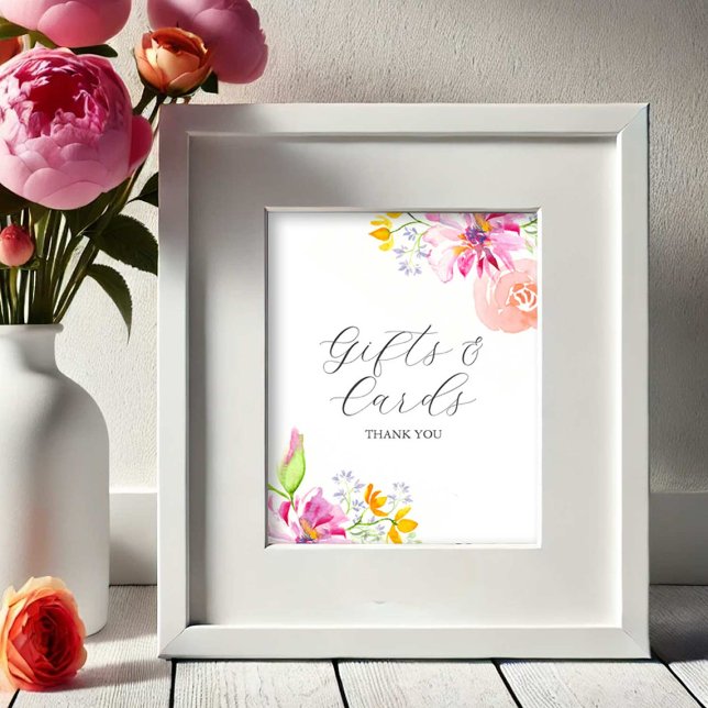 Liebe ist in Bloom Brautparty Karten und Geschenke Poster (Cards and gifts bridal shower sign watercolor pink and orange flowers by Victoria Grigaliunas )