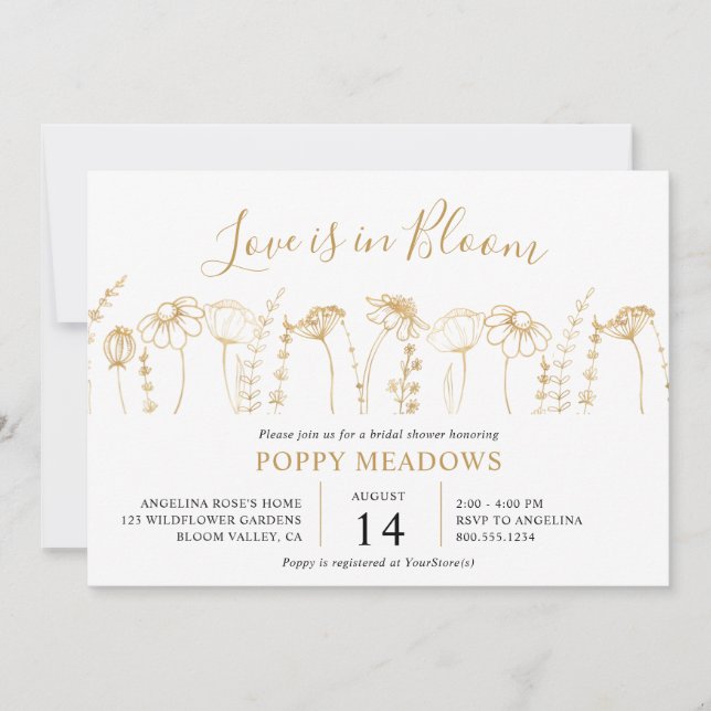 Liebe ist in Bloom Gold Wildblume Brautparty Einladung (Vorderseite)