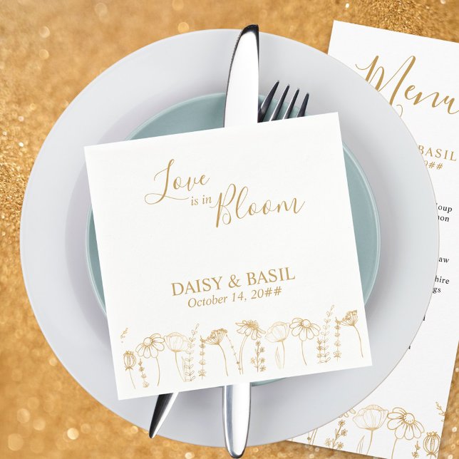 Liebe ist in Bloom Gold Wildblume Sketch Hochzeit Serviette (Love is in Bloom napkins in White & Gold, from my Wildflower Sketch collection)