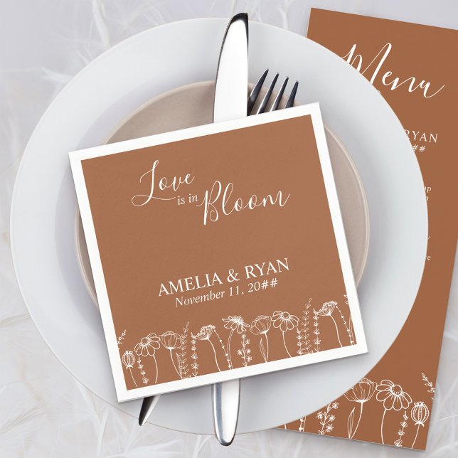 Liebe ist in Bloom Orange Wildblume Sketch Hochzei Serviette (Love is in Bloom napkins in Terracotta Burnt Orange, from my Wildflower Sketch collection)