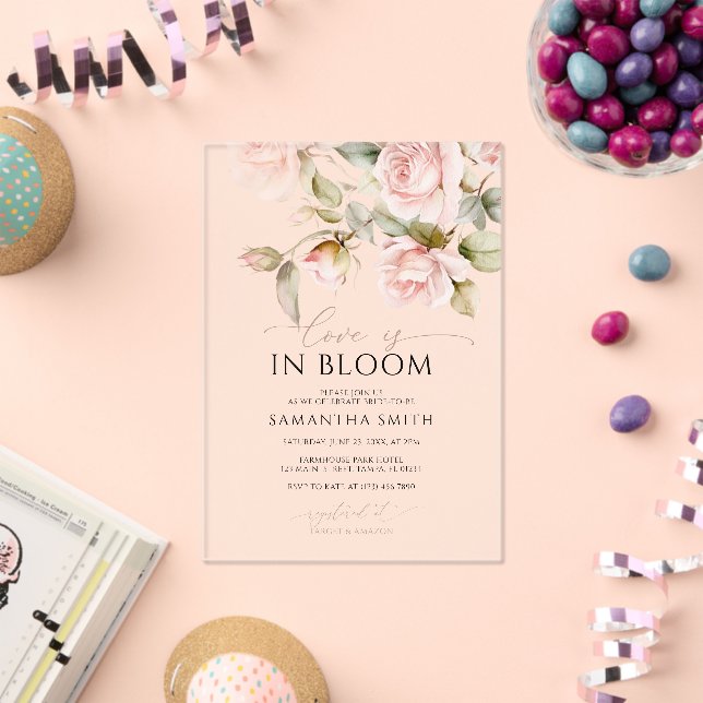 Liebe ist in Bloom Pink Rose & Green Brautparty Acryleinladungen (Insitu (Feier))