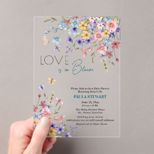 Liebe ist in Blüte Libellen Blaue Babyparty Acryleinladungen